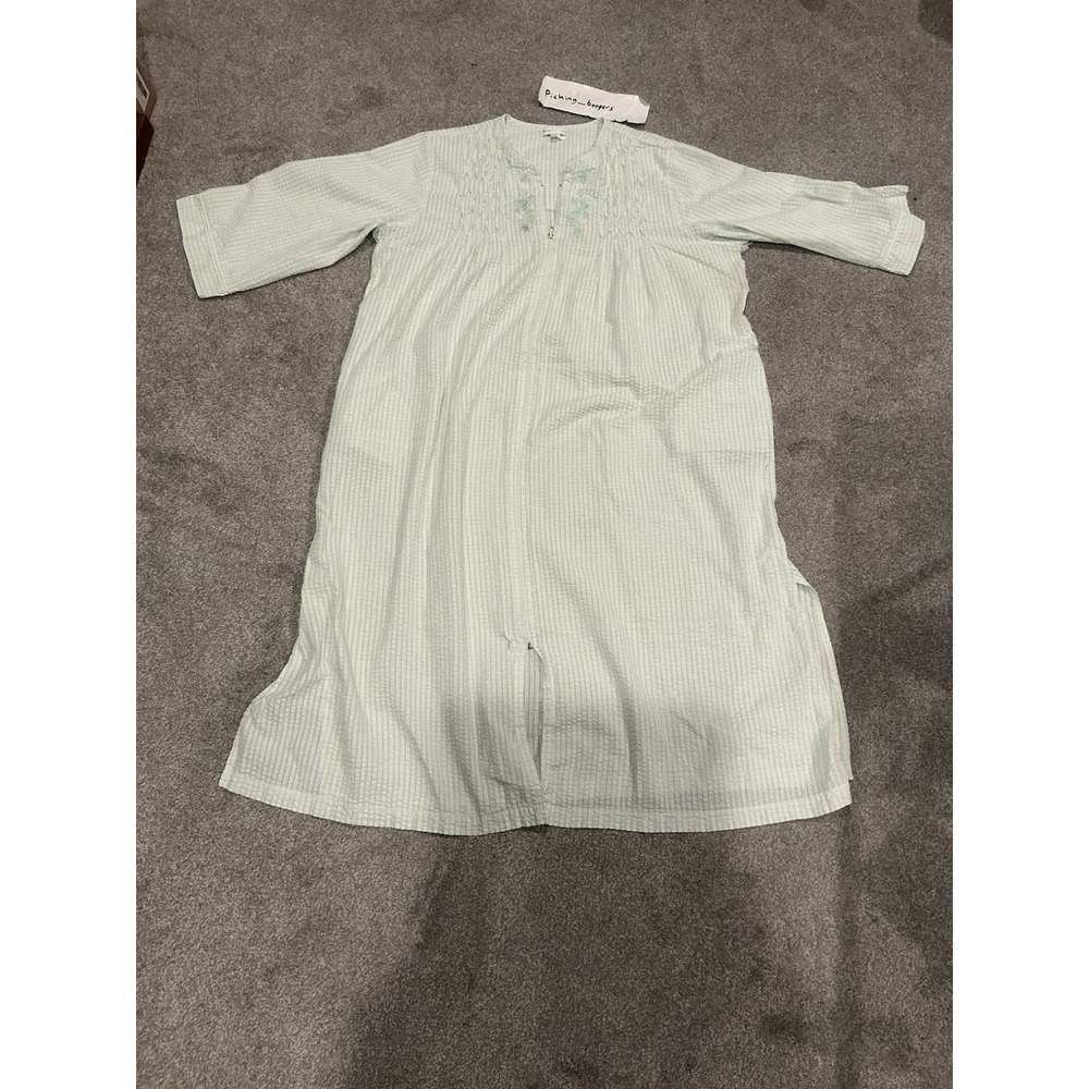 Miss Elaine Mint Green Pin Striped Long Cotton Robe House Dress Size X large